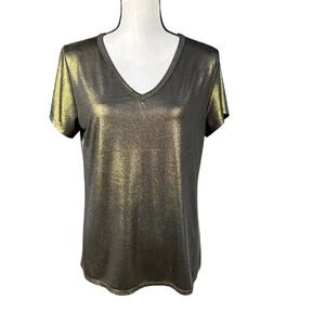 Free Kisses Metallic Gold V-Neck Short Sleeve Shirt Women's Large Reflective